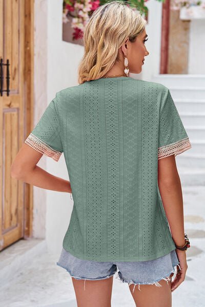 Eyelet V - Neck Short Sleeve T-Shirt - Loulou Boutique