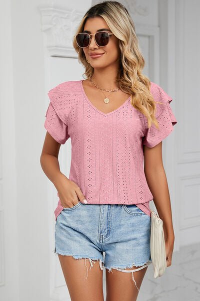 Eyelet V - Neck Short Sleeve T-Shirt - Loulou Boutique