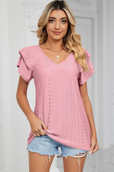 Eyelet V - Neck Short Sleeve T-Shirt - Loulou Boutique