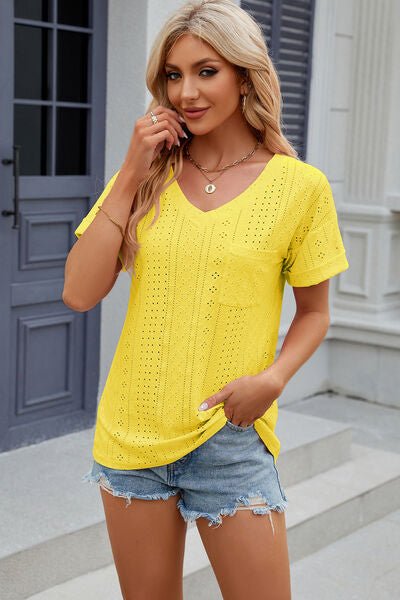 Eyelet V - Neck Short Sleeve T-Shirt - Loulou Boutique