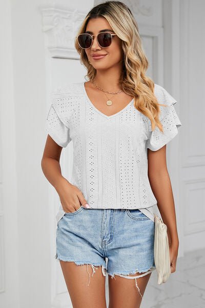 Eyelet V - Neck Short Sleeve T-Shirt - Loulou Boutique