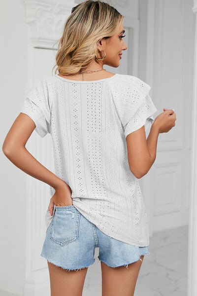 Eyelet V - Neck Short Sleeve T-Shirt - Loulou Boutique