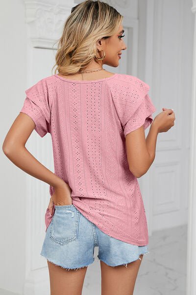 Eyelet V - Neck Short Sleeve T-Shirt - Loulou Boutique