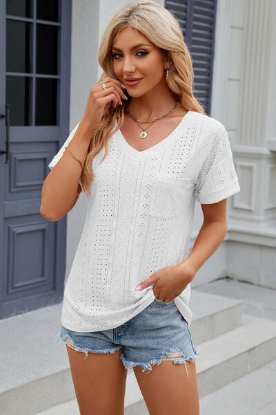 Eyelet V - Neck Short Sleeve T-Shirt - Loulou Boutique
