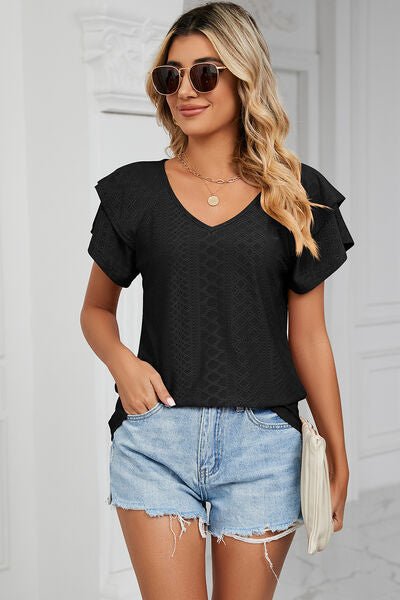 Eyelet V - Neck Short Sleeve T-Shirt - Loulou Boutique
