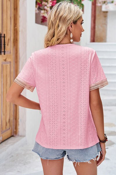 Eyelet V - Neck Short Sleeve T-Shirt - Loulou Boutique
