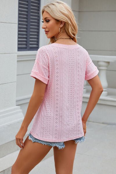 Eyelet V - Neck Short Sleeve T-Shirt - Loulou Boutique