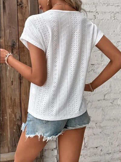 Eyelet V - Neck Short Sleeve T-Shirt - Loulou Boutique