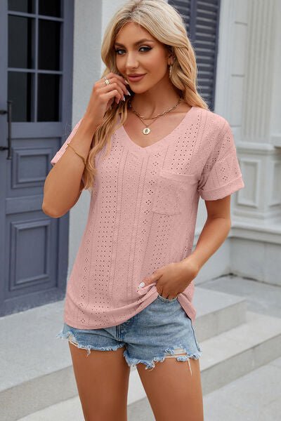 Eyelet V - Neck Short Sleeve T-Shirt - Loulou Boutique