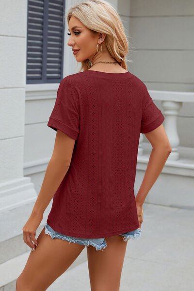 Eyelet V - Neck Short Sleeve T-Shirt - Loulou Boutique