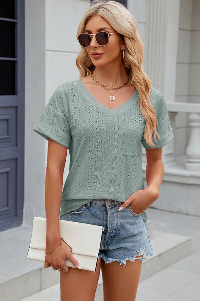 Eyelet V - Neck Short Sleeve T-Shirt - Loulou Boutique