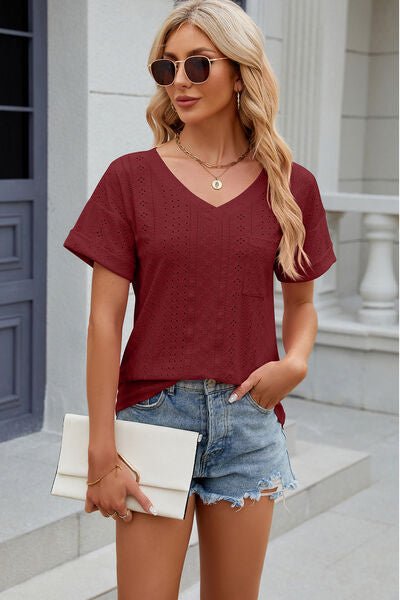 Eyelet V - Neck Short Sleeve T-Shirt - Loulou Boutique