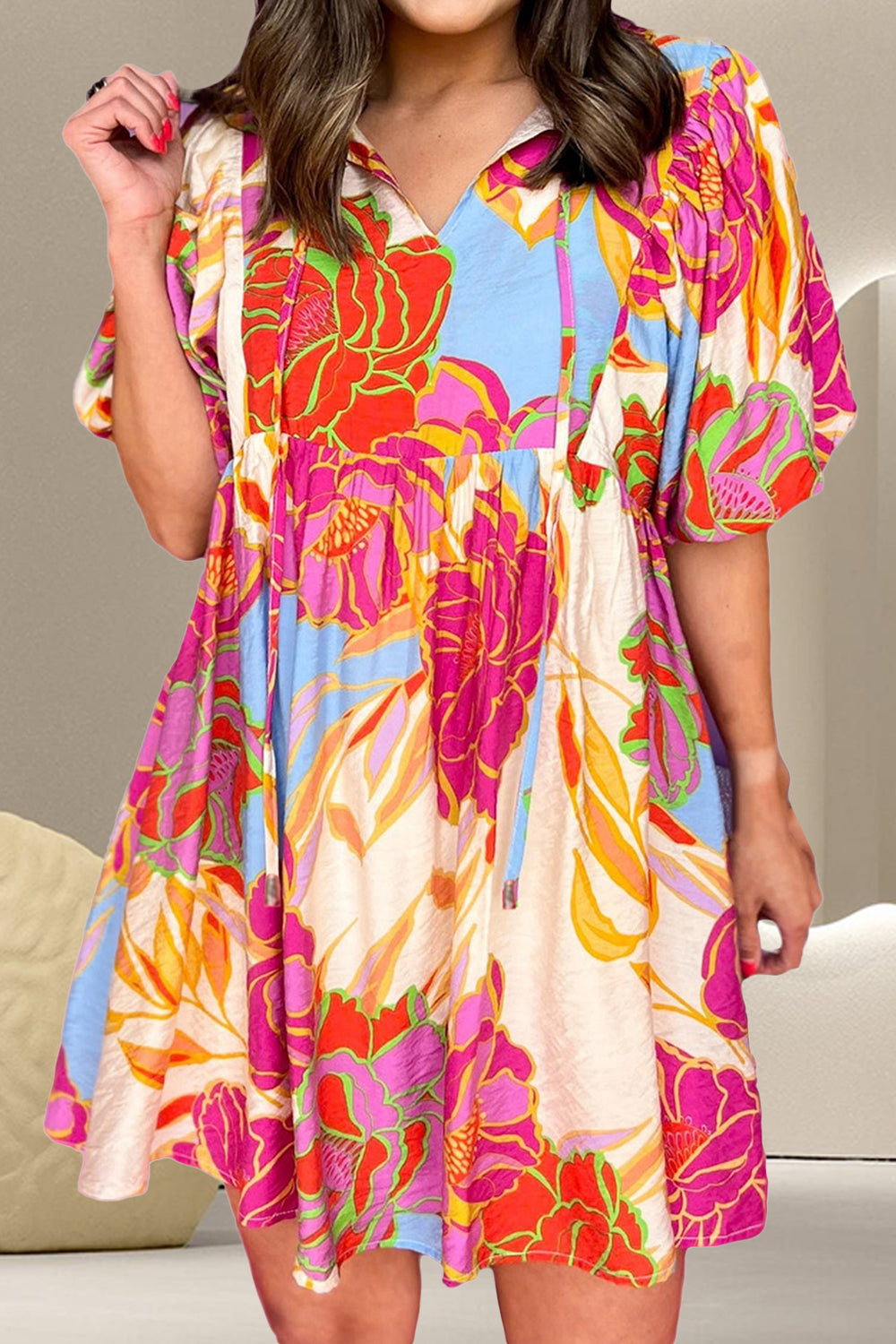 Paisley Print Tie Neck Half Sleeve Mini Dress