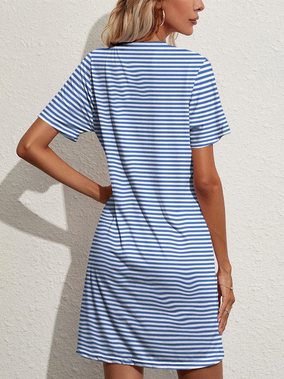 FAM - FAM Pocketed Striped Round Neck Short Sleeve Dress - Loulou Boutique