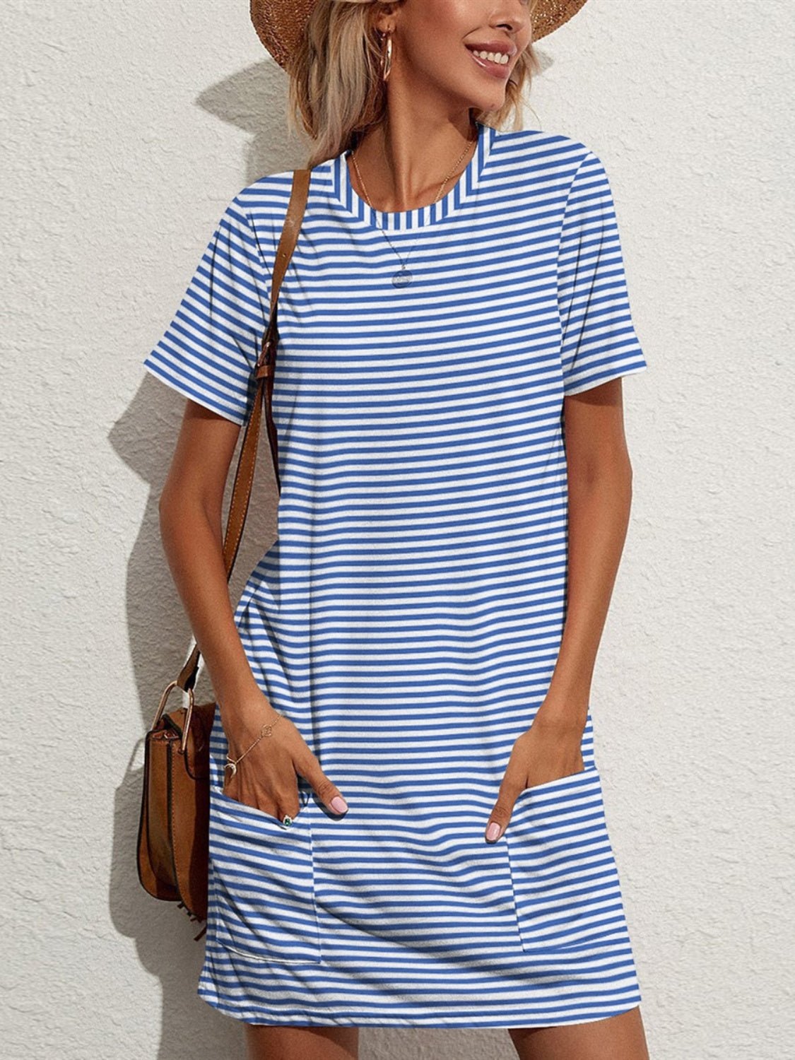 FAM - FAM Pocketed Striped Round Neck Short Sleeve Dress - Loulou Boutique