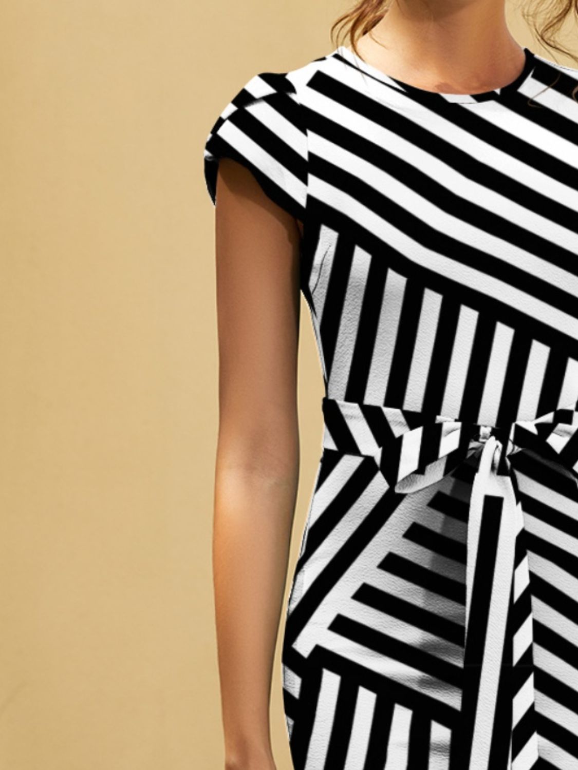 FAM - FAM Tied Striped Round Neck Cap Sleeve Dress - Loulou Boutique