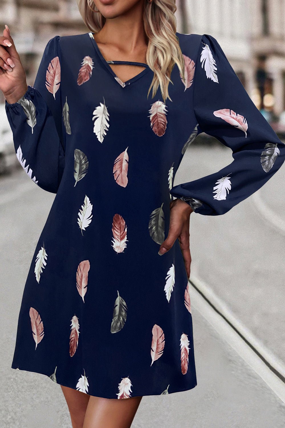 Feather Print V - Neck Dress - Loulou Boutique
