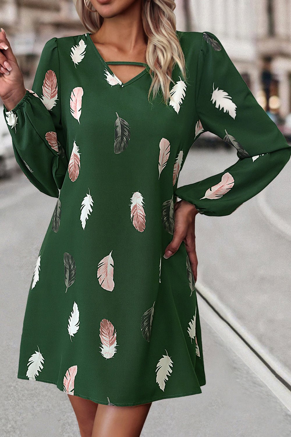 Feather Print V - Neck Dress - Loulou Boutique