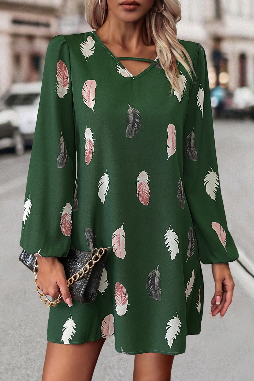 Feather Print V - Neck Dress - Loulou Boutique
