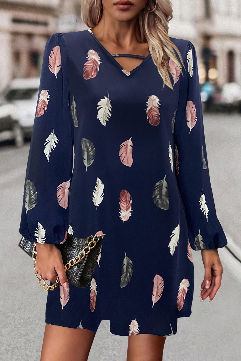 Feather Print V - Neck Dress - Loulou Boutique