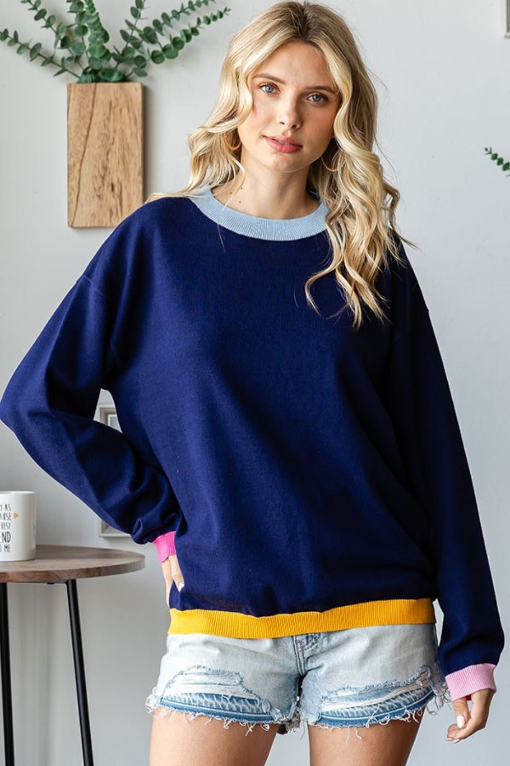 First Love Contrast Ribbed Round Neck Long Sleeve Sweater - Loulou Boutique