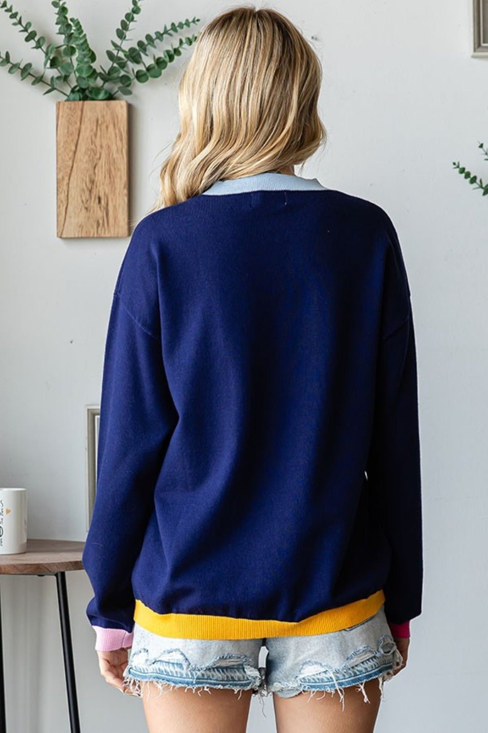 First Love Contrast Ribbed Round Neck Long Sleeve Sweater - Loulou Boutique