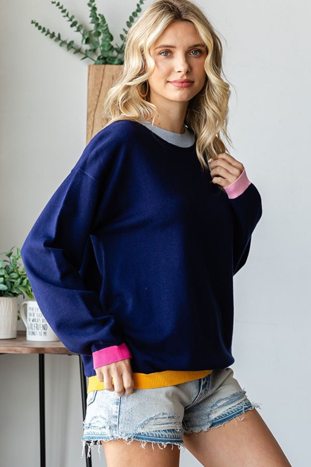 First Love Contrast Ribbed Round Neck Long Sleeve Sweater - Loulou Boutique
