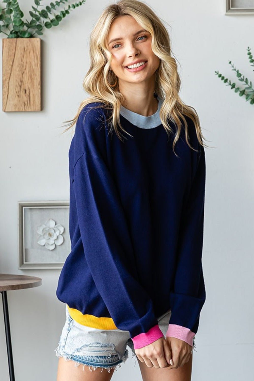 First Love Contrast Ribbed Round Neck Long Sleeve Sweater - Loulou Boutique