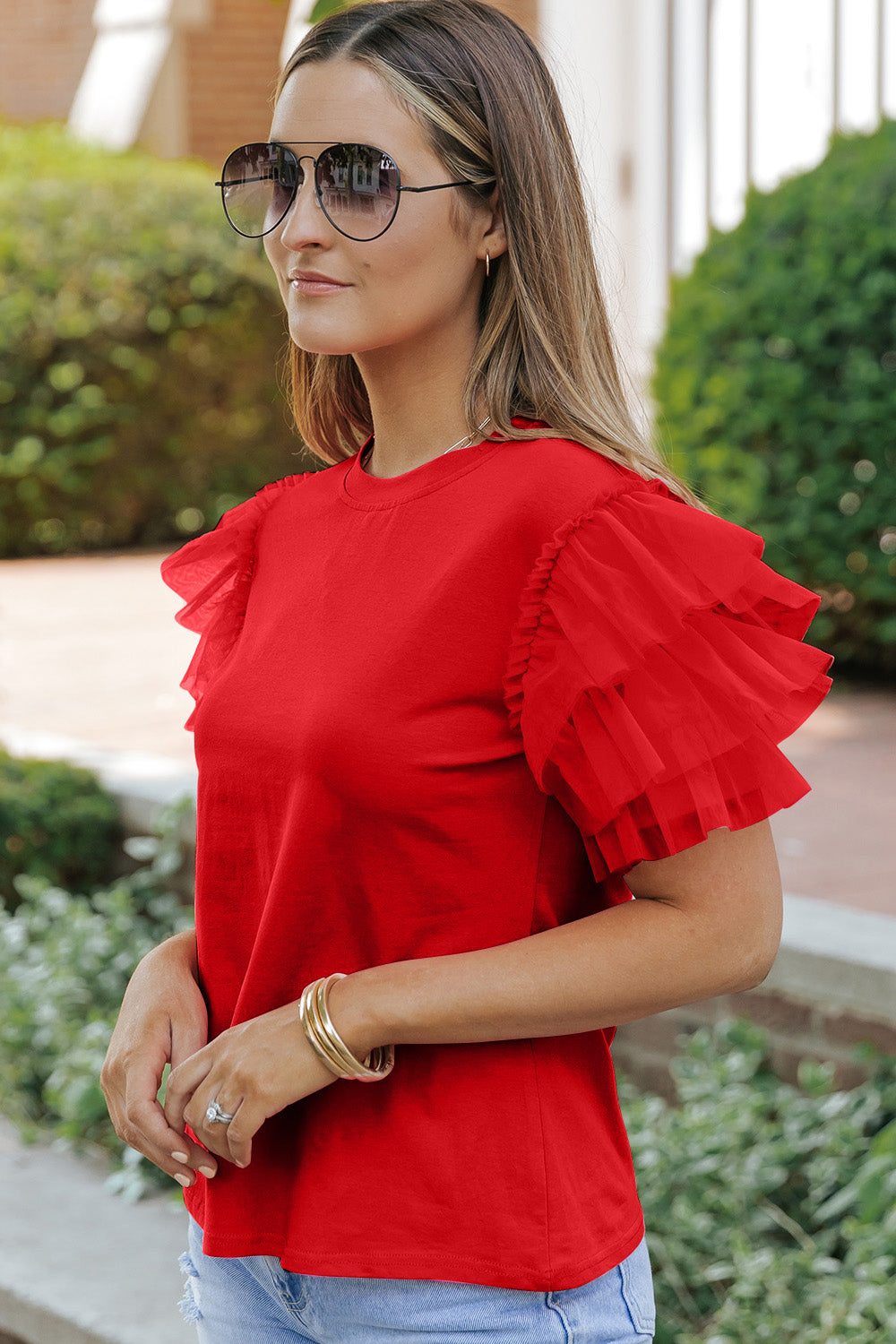 Ruffled Round Neck Short Sleeve Blouse