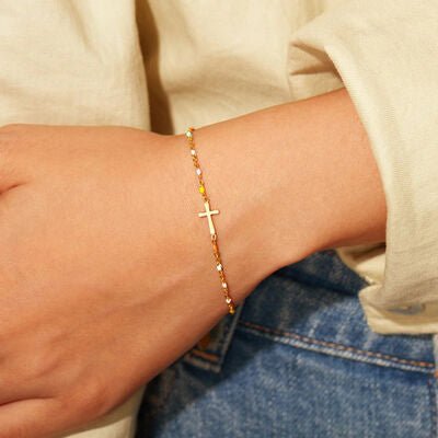 18K Gold-Plated Cross Bead Bracelet - Loulou Boutique