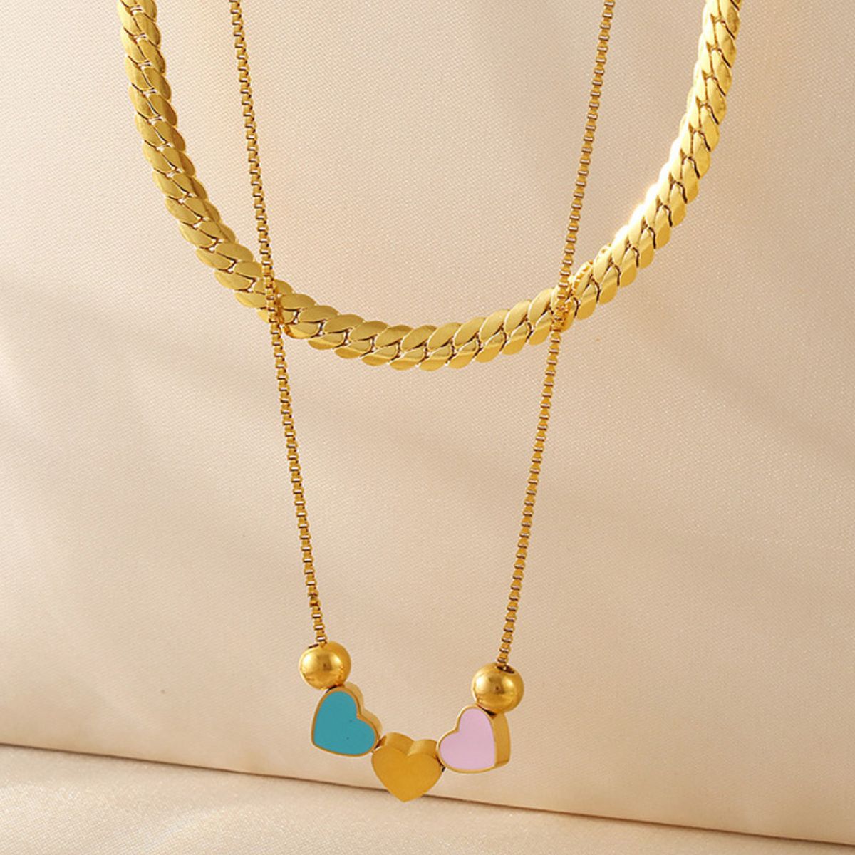 18K Gold - Plated Double Layered Heart Necklace - Loulou Boutique