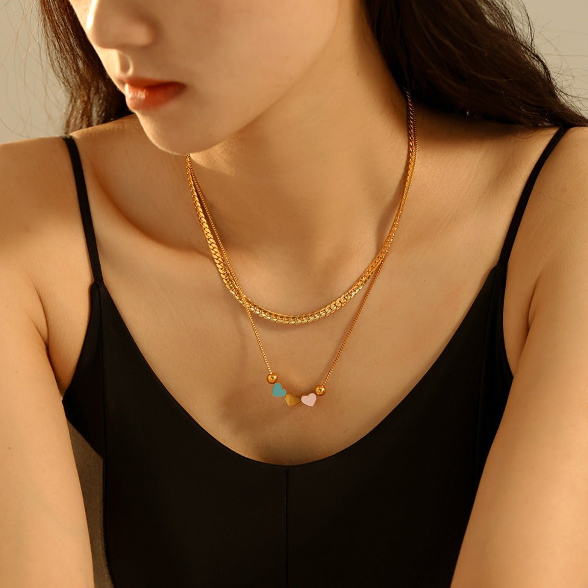 18K Gold - Plated Double Layered Heart Necklace - Loulou Boutique