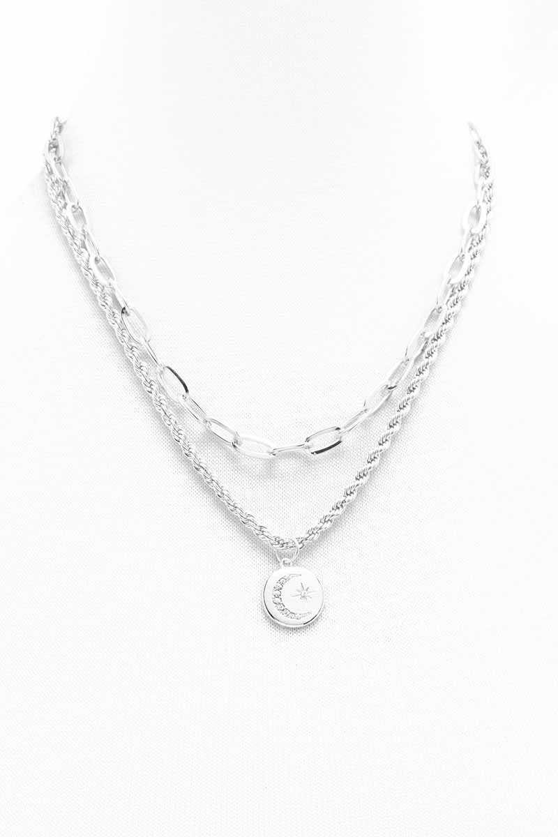 2 Layered Metal Chain Round Pendant Necklace - Loulou Boutique