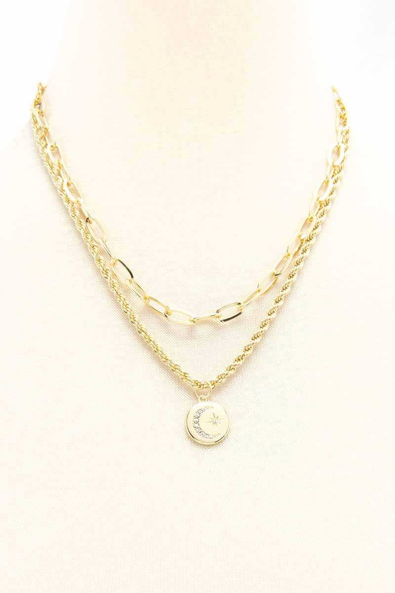 2 Layered Metal Chain Round Pendant Necklace - Loulou Boutique