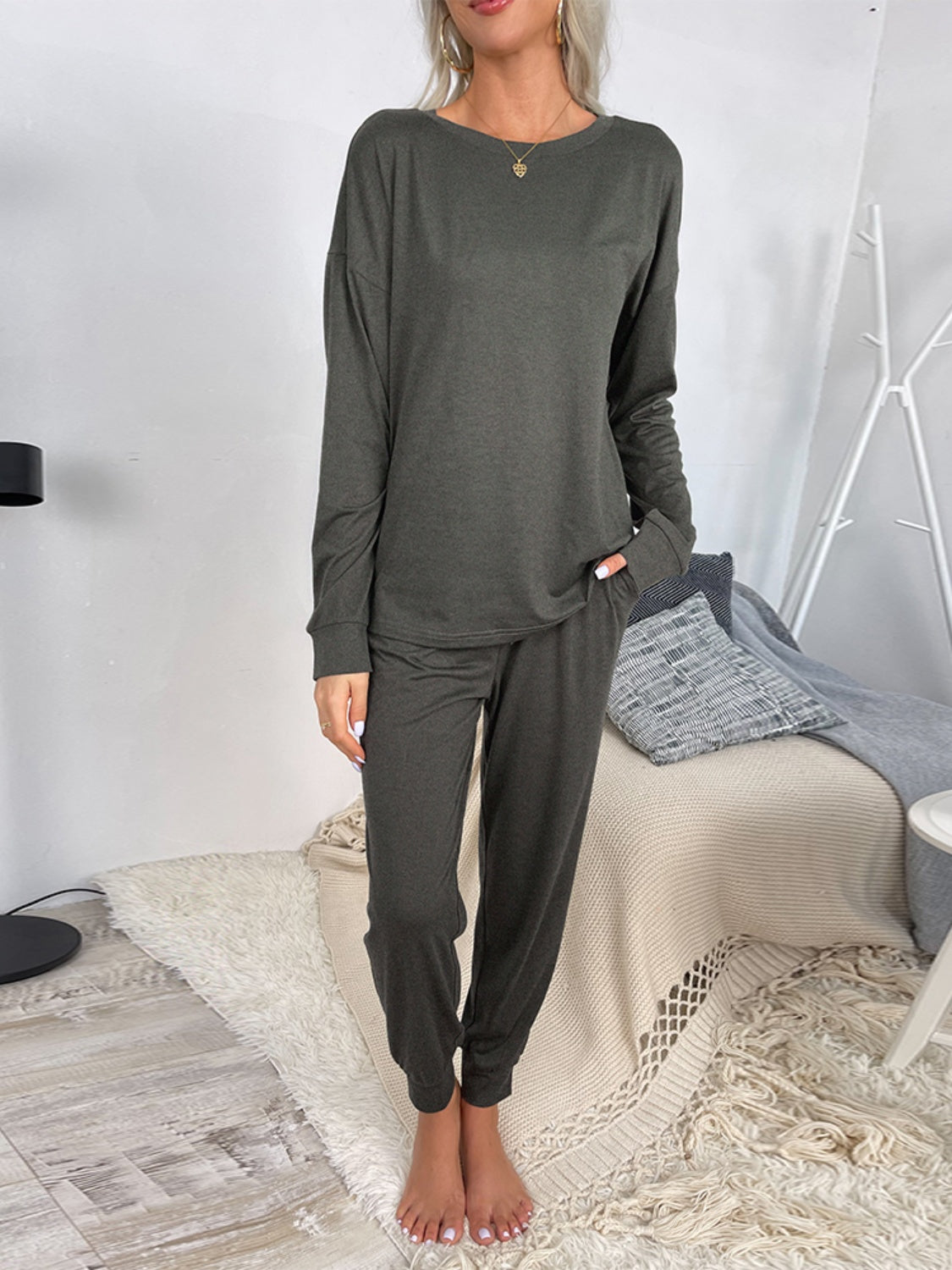 Round Neck Top and Drawstring Pants Lounge Set