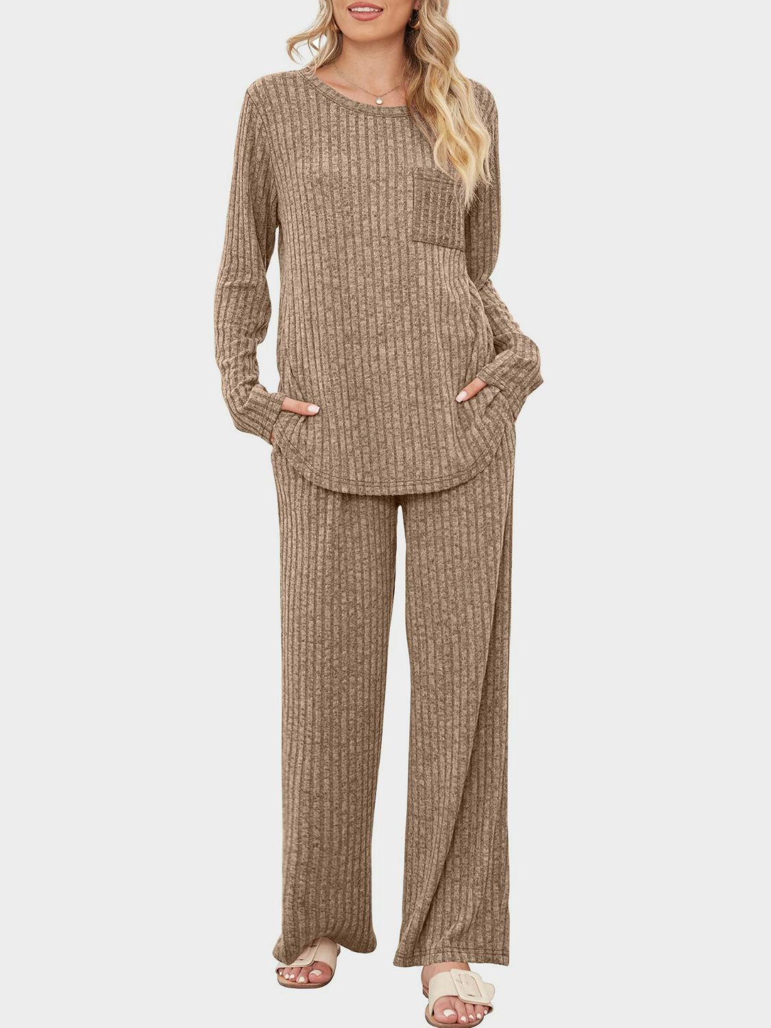 Round Neck Long Sleeve Top and Pants Set