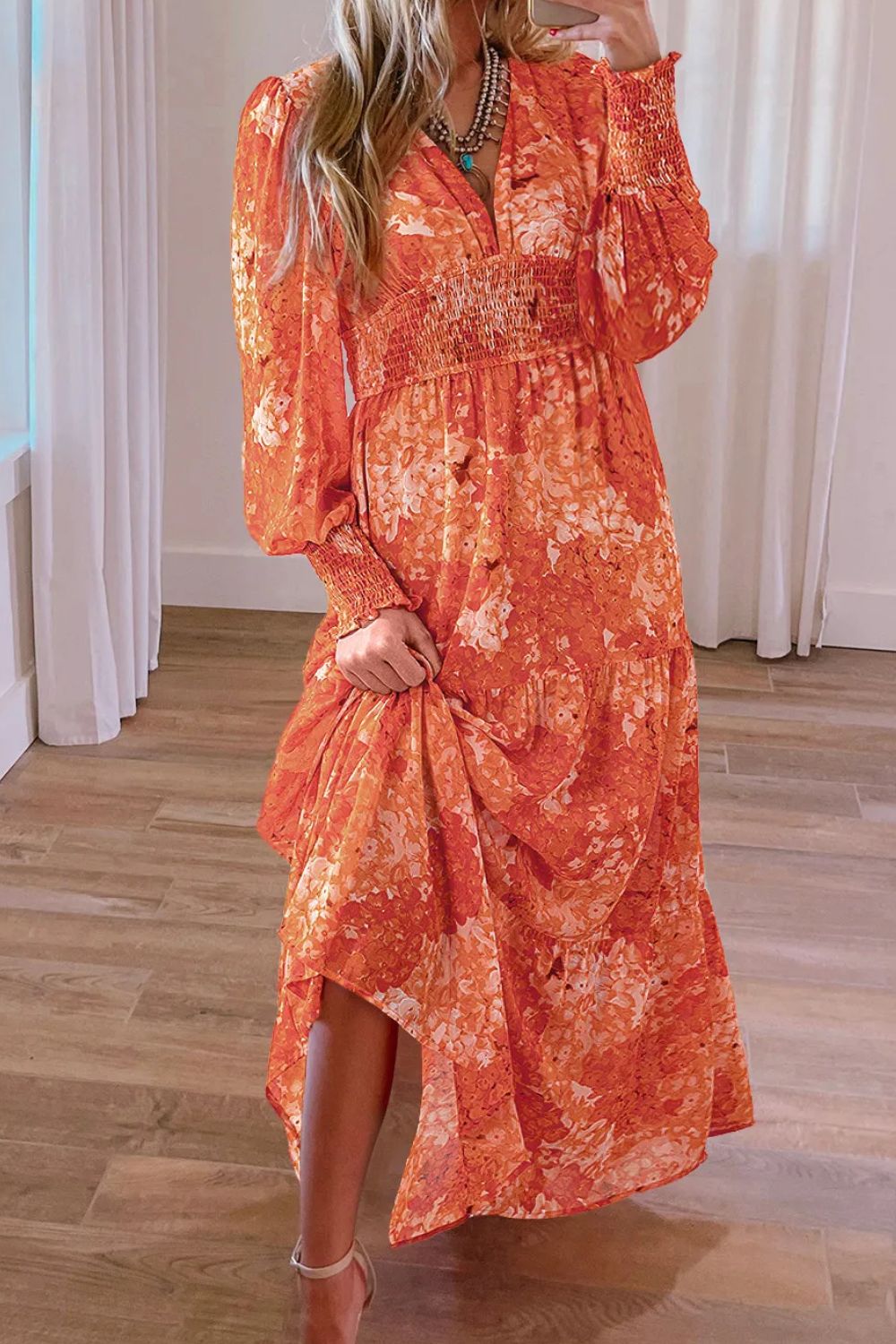 Smocked Printed V-Neck Long Sleeve Dress