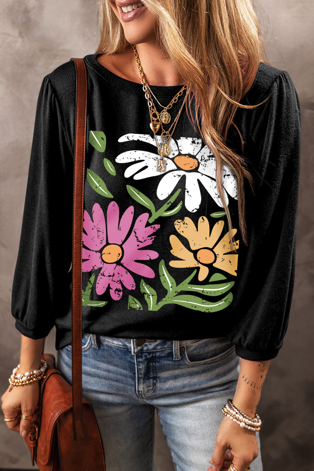 Flower Graphic Round Neck Long Sleeve Top