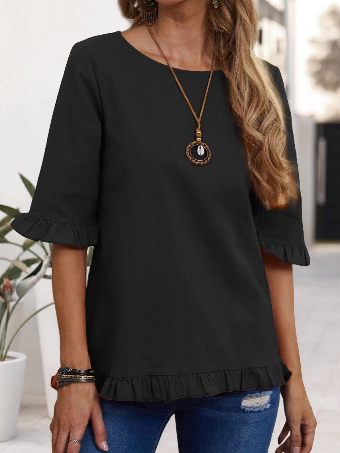 Ruffled Round Neck Half Sleeve Blouse