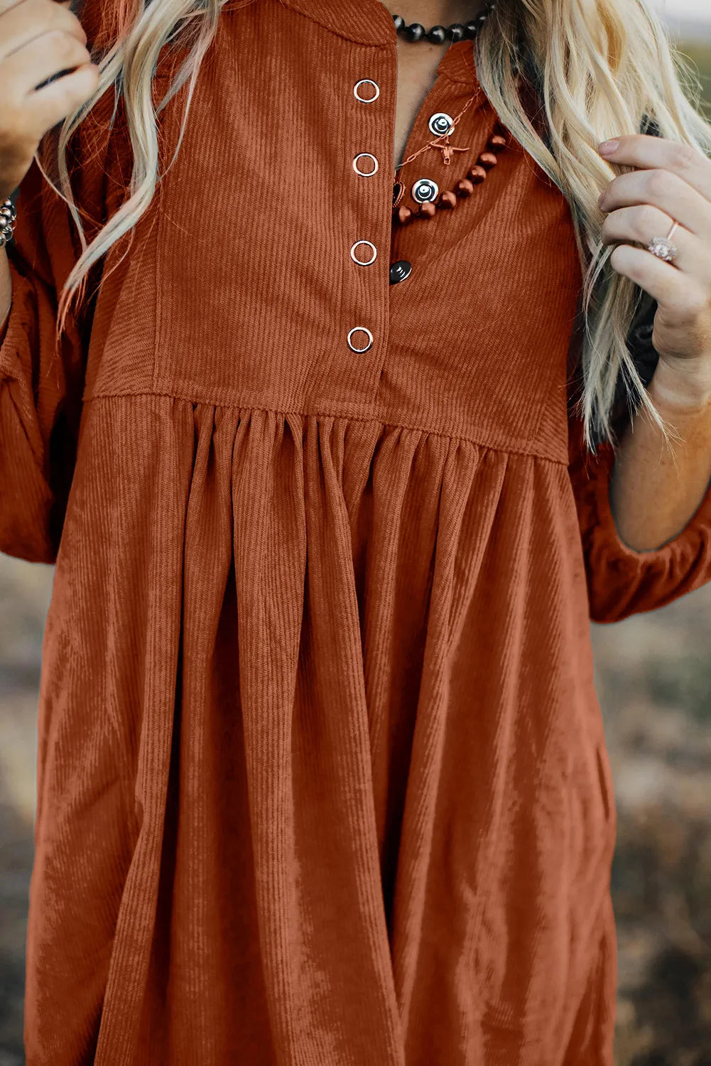 Quarter Snap Three-Quarter Sleeve Dress with Pockets