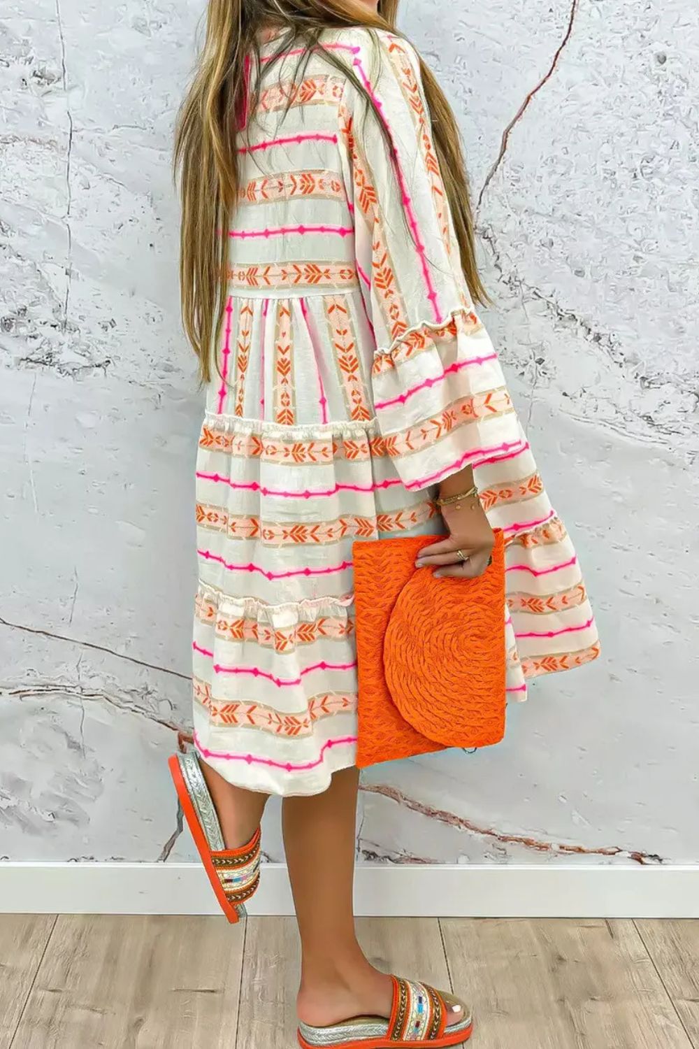 Frill Printed Notched Long Sleeve Dress