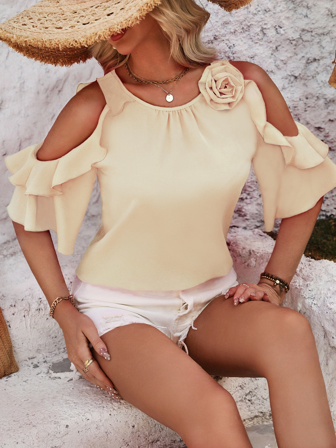 Ruffled Round Neck Half Sleeve Blouse