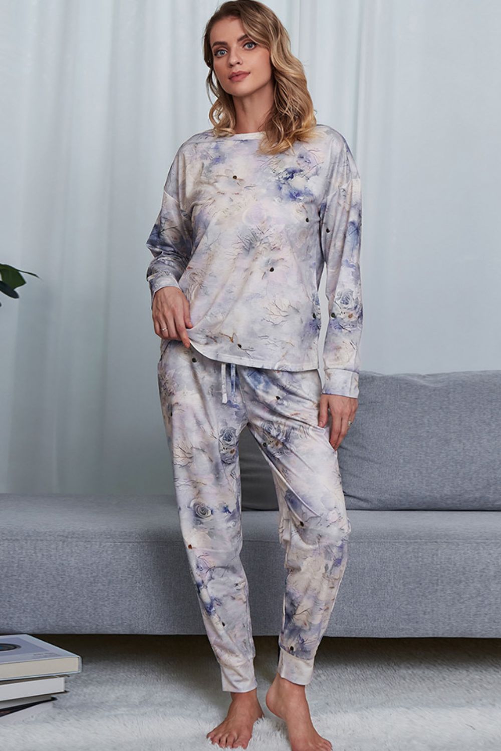 Tie-Dye Crewneck Top and Drawstring Waist Joggers Lounge Set