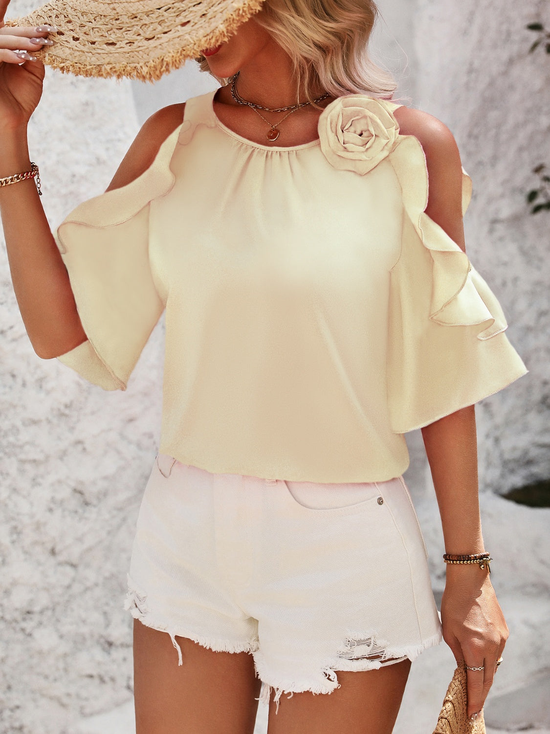 Ruffled Round Neck Half Sleeve Blouse