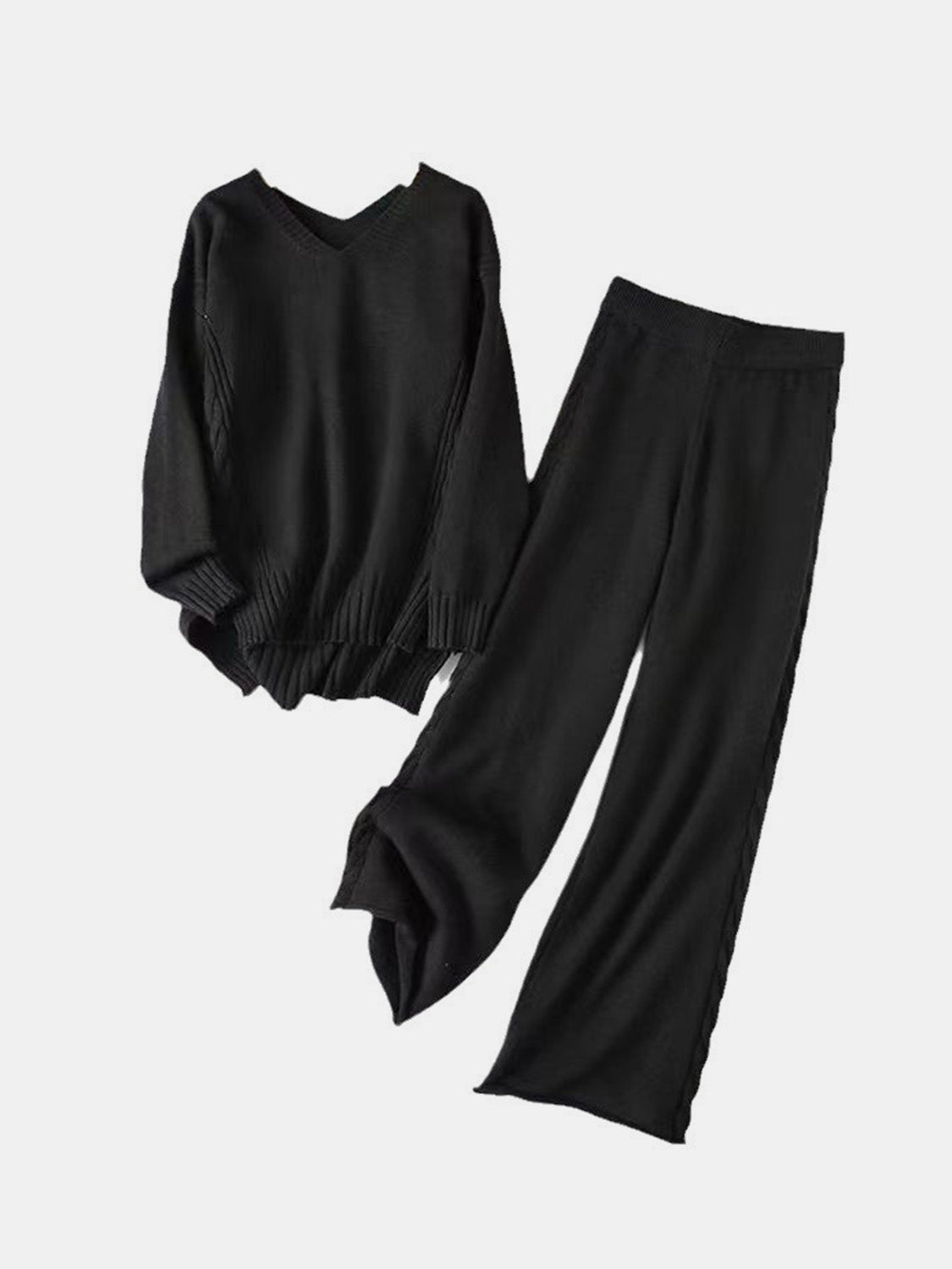 Slit V-Neck Long Sleeve Top and Pants Sweater Set