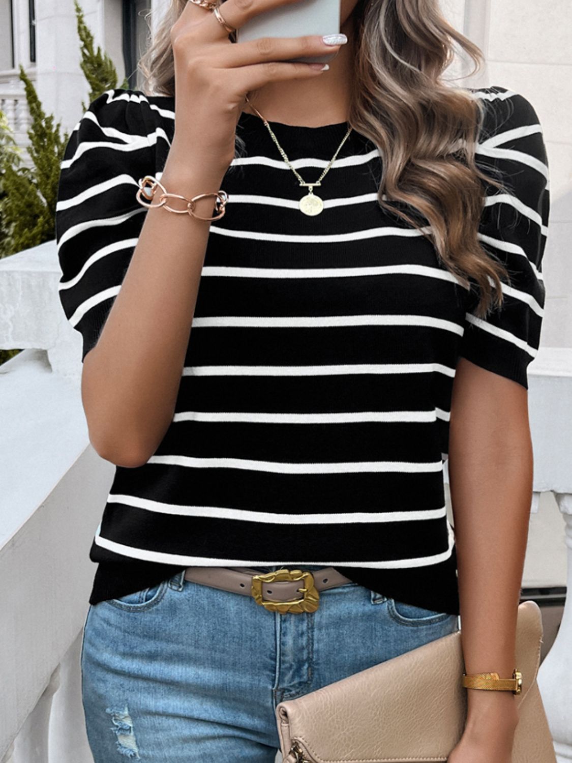 Striped Round Neck Puff Sleeve Knit Top