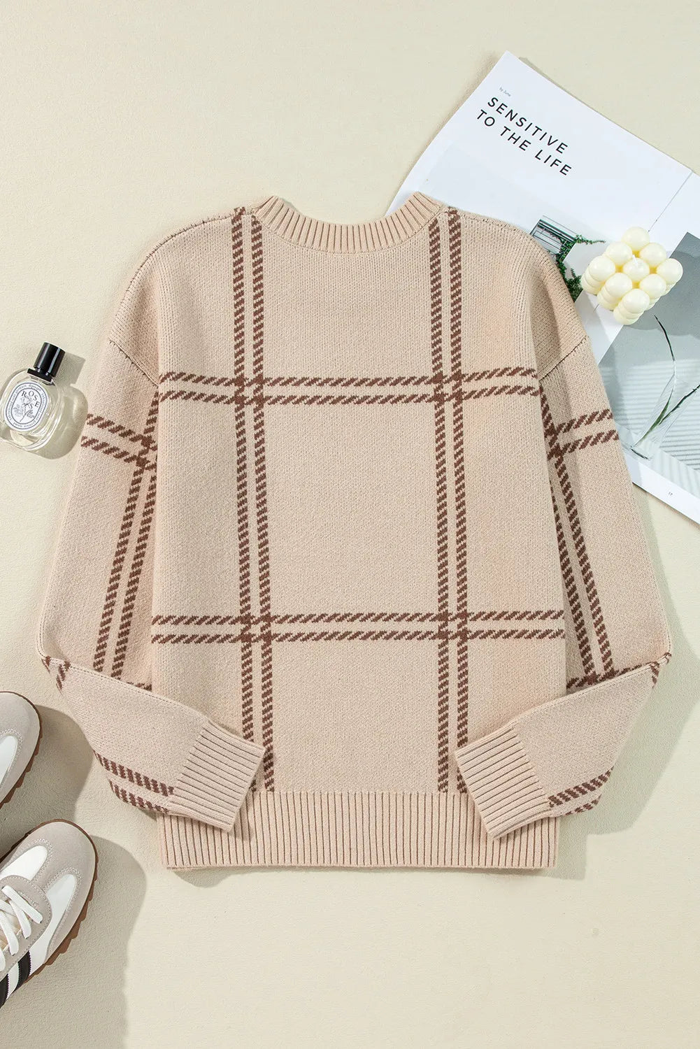 Plaid Round Neck Dropped Shoulder Sweater