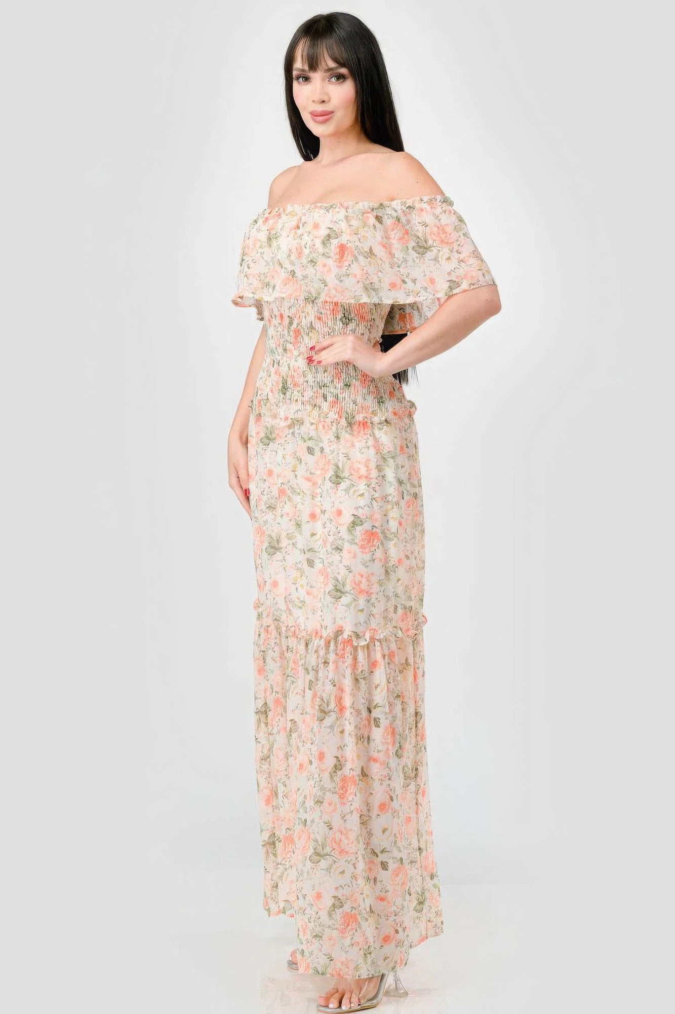 Floral Chiffon Off Shoulder Smocked Back Ruffled Tiered Maxi Dress