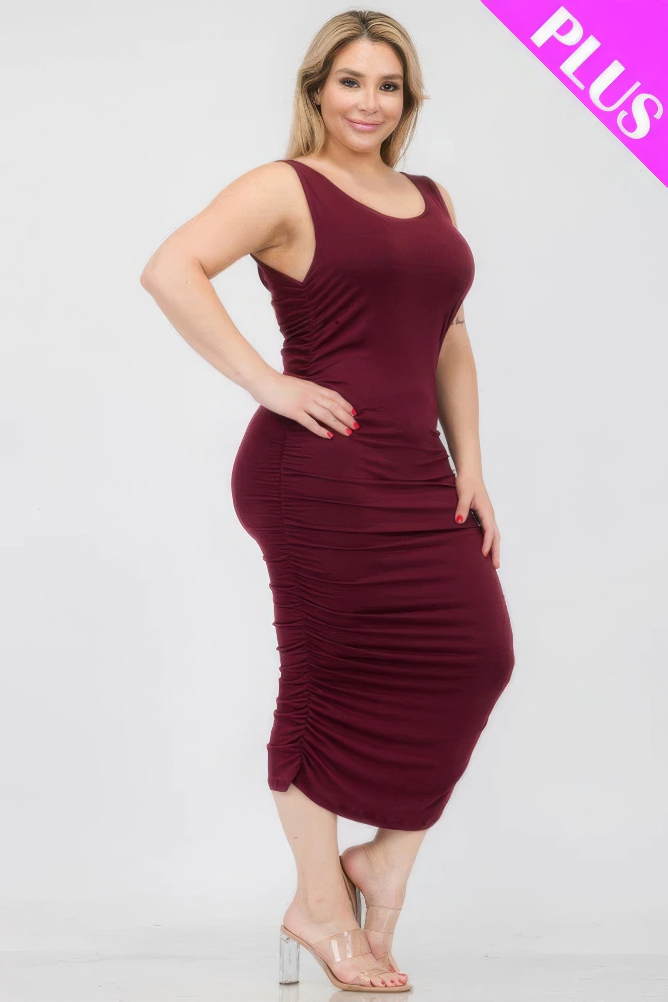 Plus Size Square Neck Ruched Bodycon Midi Dress