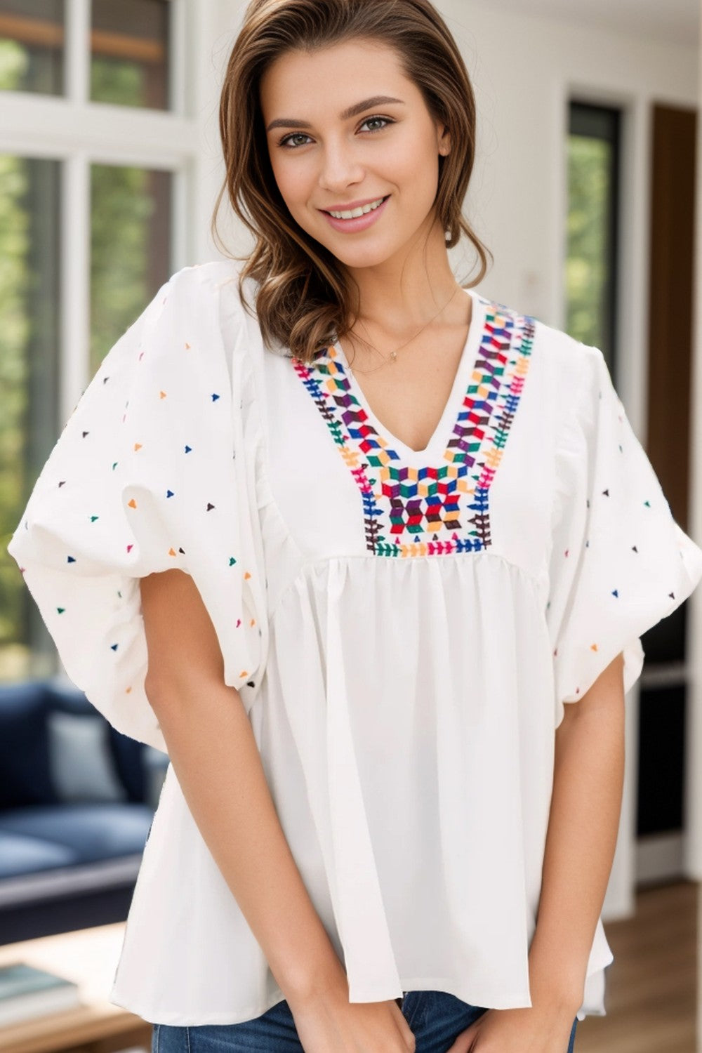 Printed V-Neck Puff Sleeve Blouse